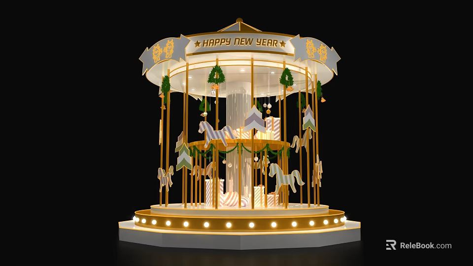 Happy New Year Carousel Interactive Area With Decorative Lights And Horses 3d model 