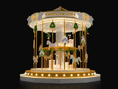 Happy New Year Carousel Interactive Area With Decorative Lights And Horses 3d model