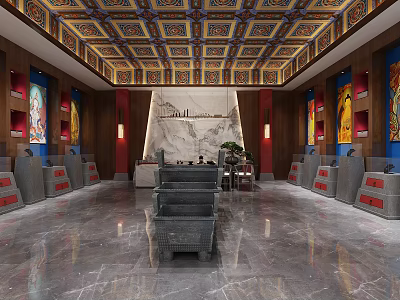 Traditional Chinese Style Store Interior With Decorative Ceiling And Artwork Displays 3d model