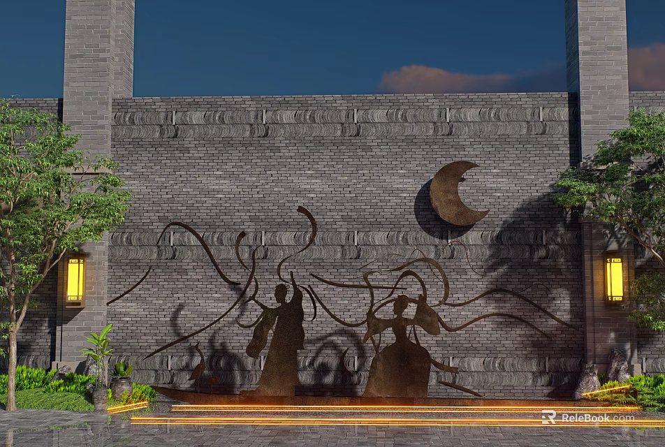 Landscape Sculpture With Figure Silhouettes Crescent Moon On Gray Brick Wall And Lanterns Green Plants 3d model 