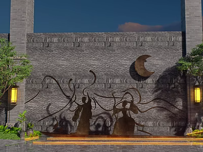Landscape Sculpture With Figure Silhouettes Crescent Moon On Gray Brick Wall And Lanterns Green Plants 3d model
