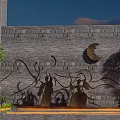 Landscape Sculpture With Figure Silhouettes Crescent Moon On Gray Brick Wall And Lanterns Green Plants
