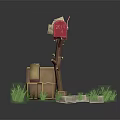 Red Mailbox Number 201 On Wooden Post With Cardboard Boxes Stone Slabs And Grass