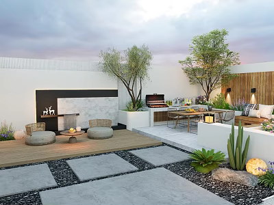 Outdoor Feature Wall Design With Sofa Table Plants Fireplace And Lighting 3d model