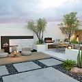 Outdoor Feature Wall Design With Sofa Table Plants Fireplace And Lighting