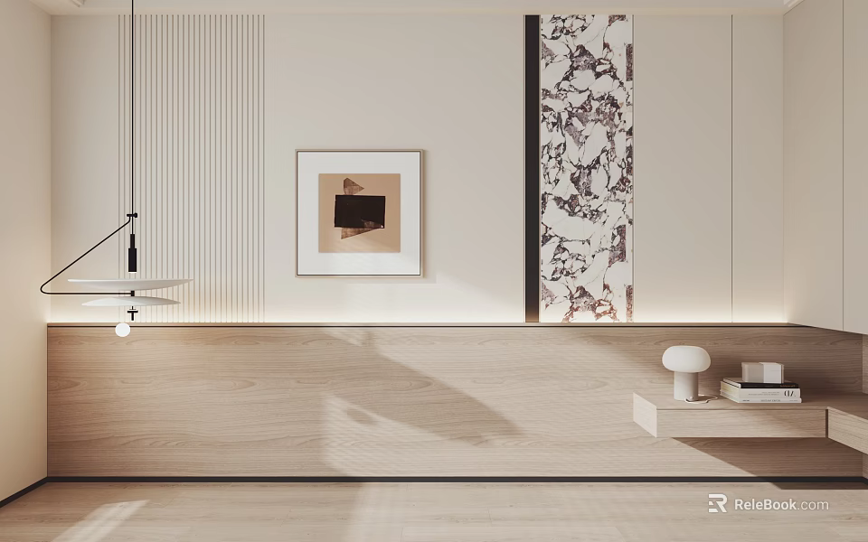 Modern Bedroom Accent Wall with Light Tones Wooden Panel Framed Art and Simple Lines Design 3d model 