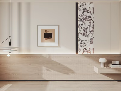 Modern Bedroom Accent Wall with Light Tones Wooden Panel Framed Art and Simple Lines Design 3d model