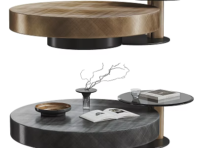 Modern Round Coffee Table With Wooden Black Finish Featuring Vase Twigs Magazine Tray Glass Book 3d model