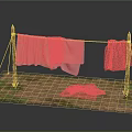 Rustic Clothesline Setup With Wooden Poles Hanging White And Brown Fabrics On Grass Dirt Ground