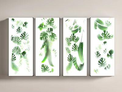 Green Leaf Botanical Canvas Wall Art Four Panel Set For Modern Home Decor 3d model