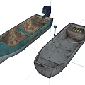 Two Worn Wooden Boats With Blue White And Gray Hulls One Motor And Paddle