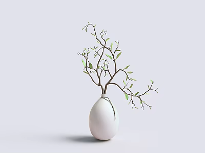 White Egg Shaped Vase With Green Leaf Branches For Minimalist Interior Decor 3d model
