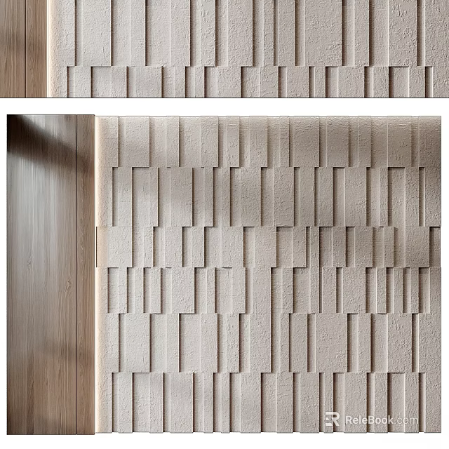 Textured Wall Panel Design With Light Color Blocks And Wooden Accent 3d model 