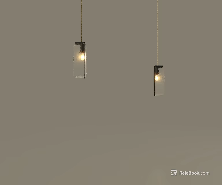 Two Transparent Glass Pendant Lights Hanging With Illuminated Bulbs On Grey Background 3d model 