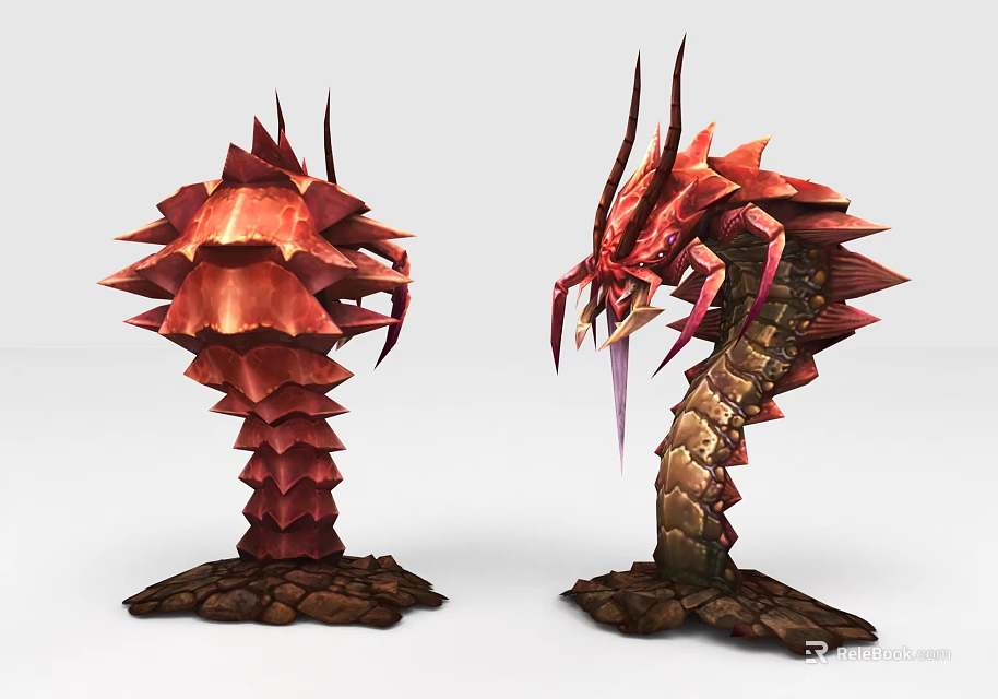 Red Spiked Game Movie Characters With Serpentine And Columnar Bodies On Rocky Bases 3d model 