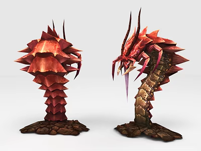 Red Spiked Game Movie Characters With Serpentine And Columnar Bodies On Rocky Bases 3d model