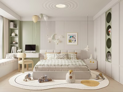 Modern Kids Room Interior With Bed Study Desk Toys Green Wall And Circular Decor 3d model