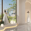 Elegant Bridal Shop Interior Featuring Arched Doors Displayed Wedding Dresses Golden LOGO And Reception Desk