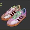 White Lace Up Casual Shoes with Three Brown Stripes and Orange Rubber Sole