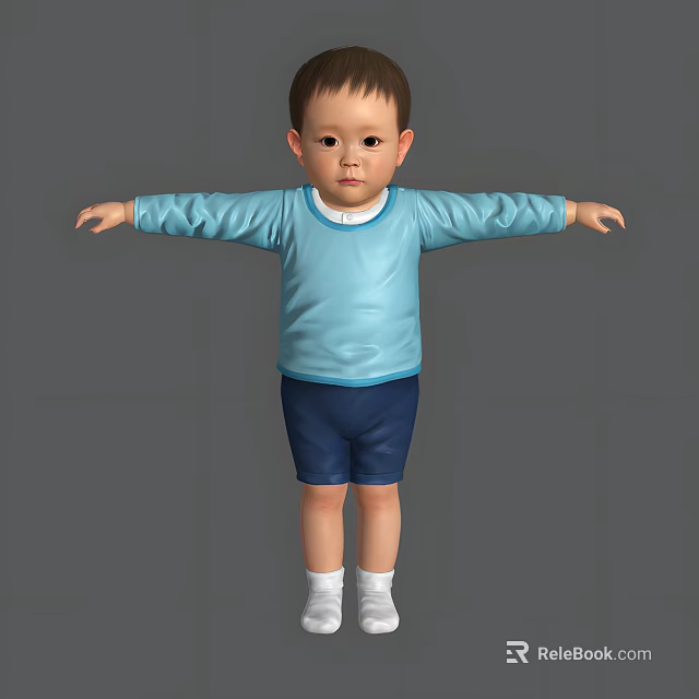 Boy In Blue Long Sleeve Top And Dark Blue Shorts With Arms Outstretched 3d model 