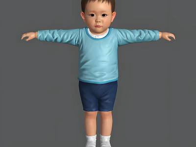 Boy In Blue Long Sleeve Top And Dark Blue Shorts With Arms Outstretched 3d model