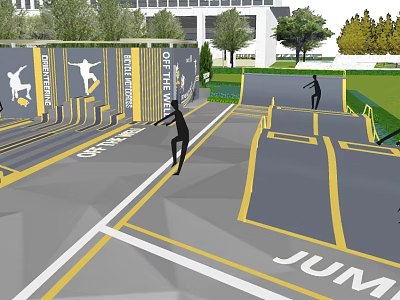 Commercial Street Skate Park Design With Skateboarders Ramps Yellow Lines And Green Trees 3d model