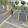 Commercial Street Skate Park Design With Skateboarders Ramps Yellow Lines And Green Trees