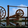Garden Decorative Elements with Wooden Water Wheels Pond Lotus Flowers and Green Plants