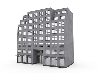Gray Multi Story Building With Many Windows And Ground Floor Storefronts 3d model