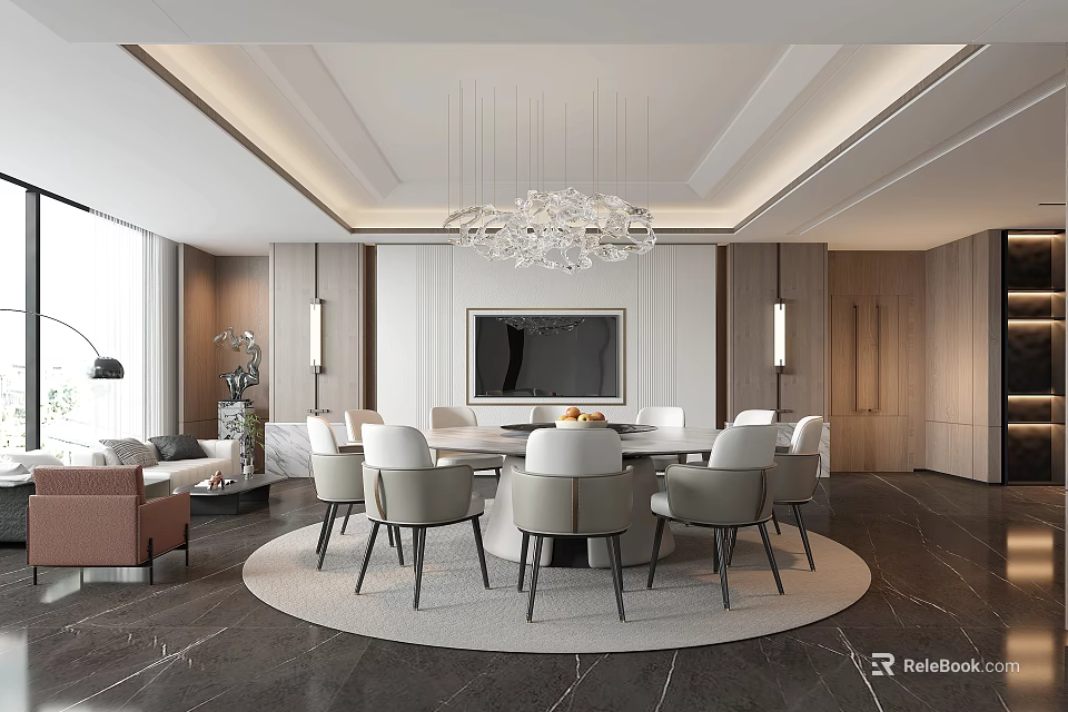 Luxurious Private Dining Room With Round Table And Chandelier 3d model 