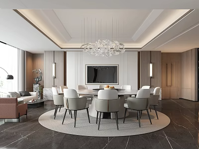 Luxurious Private Dining Room With Round Table And Chandelier 3d model