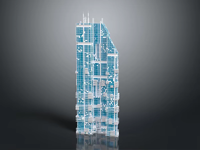 Cartoon Scene Featuring Modern Blue Transparent Skyscraper With Geometric Windows And Structure 3d model
