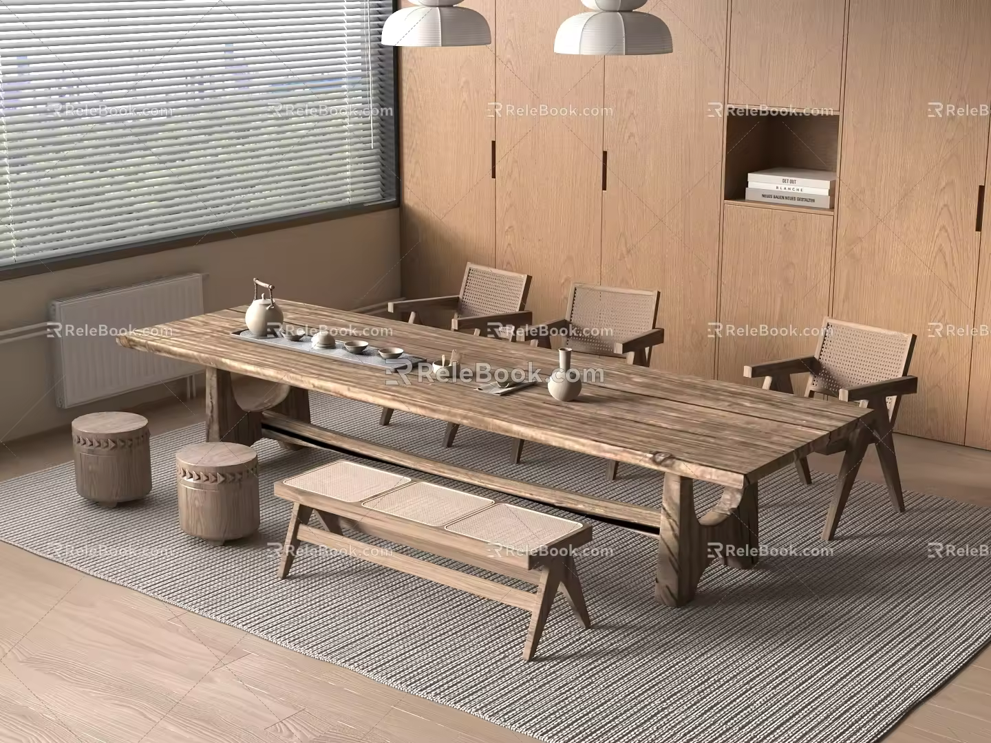 The combination of tea table and chair in the tea tasting area of the tea house 3d model