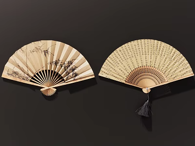 Traditional Chinese Fan Pendant Two Decorative Fans With Bamboo Leaf Pattern Calligraphy And Tassel Decoration 3d model