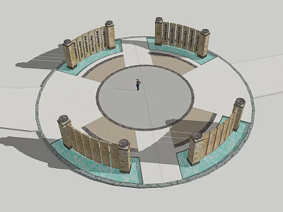 Circular Square Landscape Design With Central Circular Area Symmetrical Stone Walls And Paved Pathways 3d model