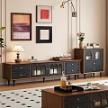 Wooden TV Stand With Glass Doors Black Drawers Table Lamp And Wall Art