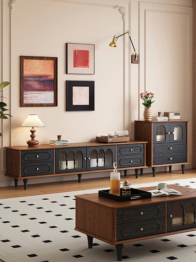 Wooden TV Stand With Glass Doors Black Drawers Table Lamp And Wall Art 3d model