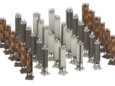 Industrial Equipment Showcasing Diverse Metal Towers with Various Structural Features 3d model