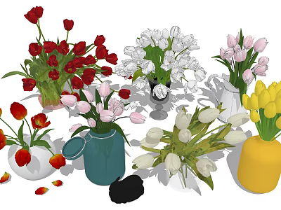 Colorful Vases With Red White Pink Yellow Flowers For Home Decor 3d model