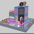 Colorful Two Story Ice Cream Shop Building With Pink Blue Ice Cream Model And Signs