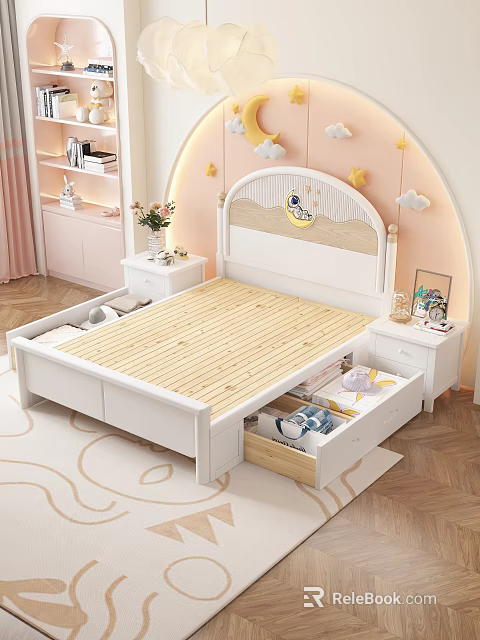 Kids Bedroom With Storage Bed Underbed Drawers Moon Astronaut Headboard Pink White Star Cloud Decor 3d model 