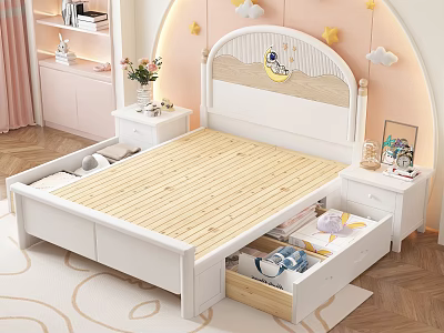Kids Bedroom With Storage Bed Underbed Drawers Moon Astronaut Headboard Pink White Star Cloud Decor 3d model