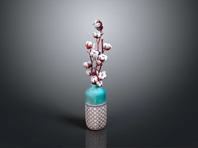 Decorative Cotton Branches Arranged in Blue Patterned Vase for Home Decor 3d model