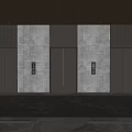 Elevator Lobby With Three Silver Doors Gray Stone Walls Wooden Ceiling And Patterned Carpet 3d model