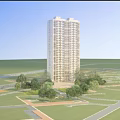 Modern High Rise Residential Building With Numerous Windows Green Trees And Blue Sky View