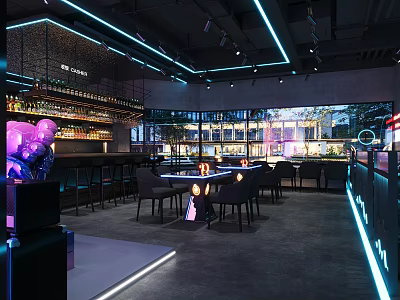 Modern Bar Interior Design Featuring Neon Lights Counter Seating And Glass Wall Lighting 3d model