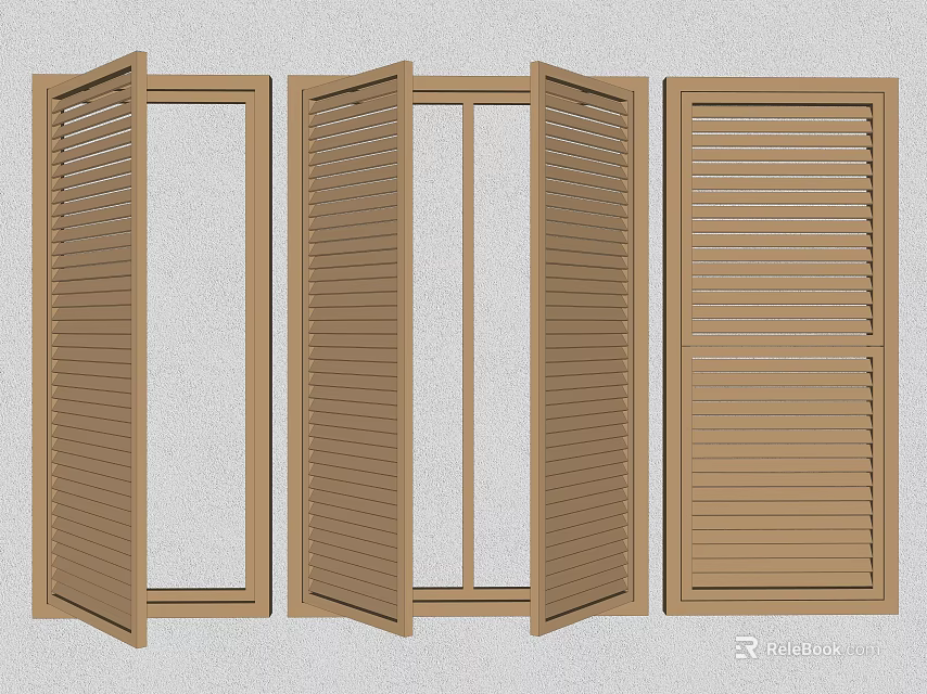 Brown Window Shutters in Open Partially Open and Closed Positions on Wall Background 3d model 