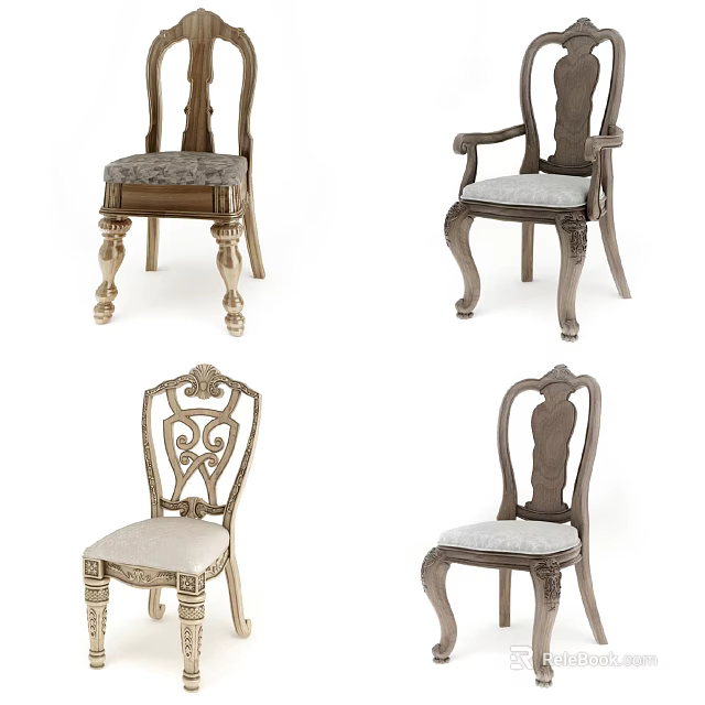 Stylish Carved Wooden Dining Chairs With Upholstered Seats And Various Designs 3d model 