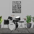 Stylish Drum Set And Abstract Painting With Indoor Green Plants Decor