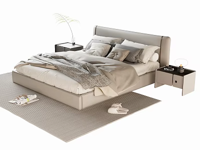 Modern Double Bed With Beige Bedding Bedside Tables Slippers And Magazine On Rug 3d model